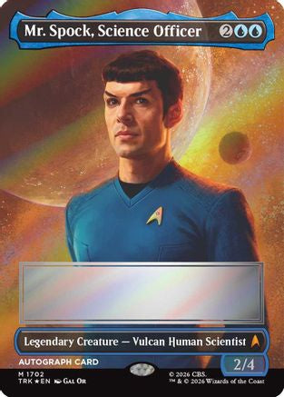Signed foil Magic: The Gathering Mr. Spock science officer card from Star Trek borderless set, detailed artwork visible.