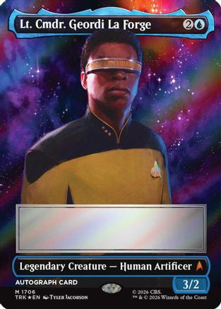 Magic: The Gathering Lt. Cmdr. Geordi La Forge borderless signed foil MTG card from Star Trek series, featuring detailed character artwork.