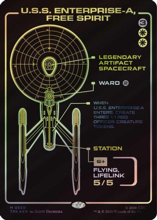 Foil U.S.S. Enterprise-A, Free Spirit Magic: The Gathering MTG single card from Star Trek series, detailed spaceship illustration.