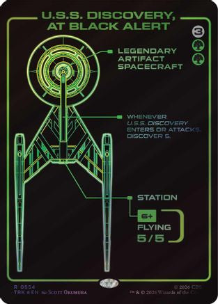 U.S.S. Discovery foil Magic: The Gathering MTG single card at Black Alert showcase with detailed spaceship artwork.