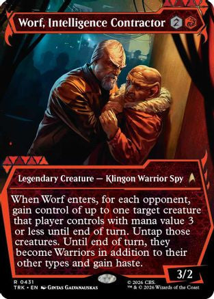 Magic: The Gathering Worf Intelligence Contractor MTG single card from the Star Trek showcase set featuring a detailed illustration of Worf.