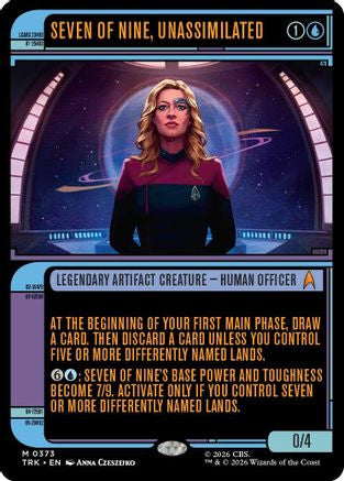 Magic: The Gathering Seven of Nine, Unassimilated Showcase card from Star Trek MTG single set, featuring detailed artwork and character portrait.