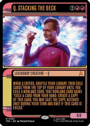 Magic: The Gathering Q Stacking the Deck foil card from Star Trek showcase set, featuring vibrant artwork and game details.