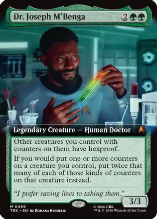 Magic: The Gathering Dr. Joseph M'Benga extended art MTG card featuring Star Trek-themed character with vibrant card artwork.