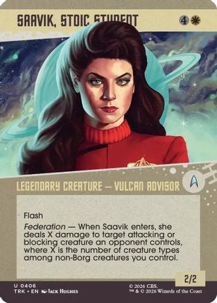 Magic: The Gathering Saavik, Stoic Student MTG card from the Star Trek showcase set featuring character artwork and game details.