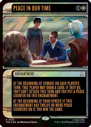 Magic: The Gathering Peace in Our Time Surge Foil MTG single card featuring Star Trek artwork with shiny foil finish.