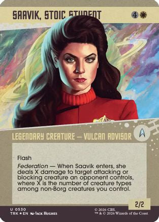 Magic: The Gathering Saavik, Stoic Student Surge Foil MTG single card featuring a futuristic sci-fi character with vibrant foil details.