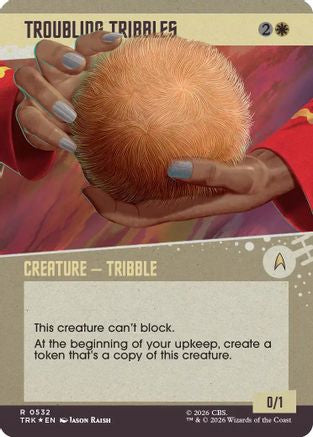 Magic: The Gathering Troubling Tribbles surge foil card from Star Trek showcase set, featuring colorful, intricate tribal artwork.