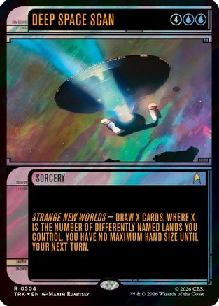 Magic: The Gathering Deep Space Scan Surge Foil card from the Star Trek showcase series, featuring vibrant space-themed artwork.
