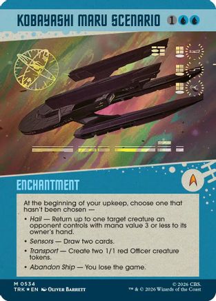 Magic: The Gathering Kobayashi Maru Scenario foil card from the Star Trek showcase set, featuring detailed sci-fi artwork and card details.