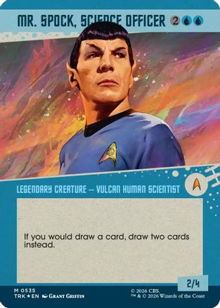 Mr. Spock Borderless Surge Foil Magic: The Gathering MTG single card featuring Star Trek science officer in vibrant foil design.