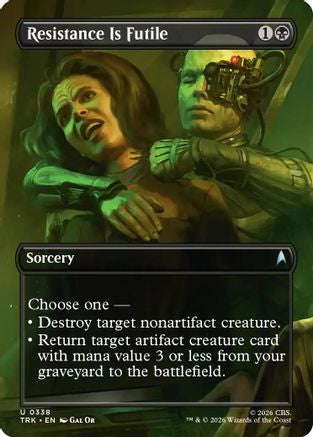 Magic: The Gathering Resistance Is Futile borderless foil card from Star Trek set, showcasing detailed artwork and shiny finish.