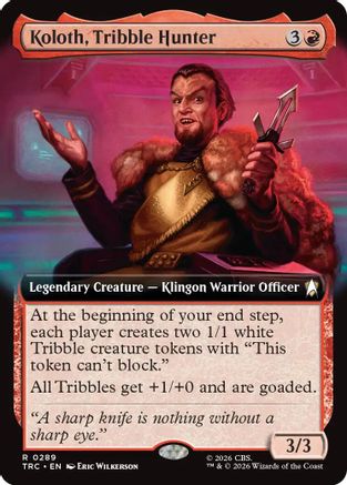 Foil Magic: The Gathering Koloth, Tribble Hunter extended art MTG single card with detailed illustration.