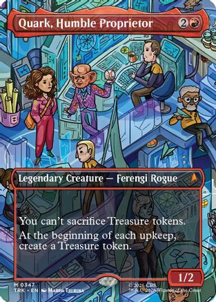Magic: The Gathering Quark, Humble Proprietor borderless MTG card featuring a colorful illustration of a whimsical alien character.