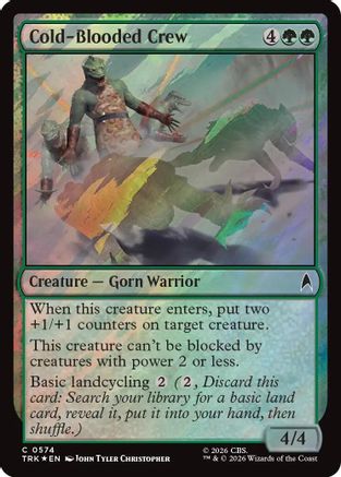 Magic: The Gathering Cold-Blooded Crew foil card from the Star Trek MTG Single series, featuring detailed artwork of a crew member.