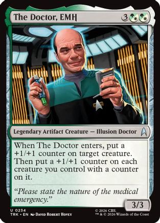 Magic: The Gathering The Doctor, EMH MTG single card from Star Trek, featuring a futuristic medical officer illustration.