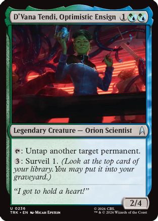 Magic: The Gathering D'Vana Tendi, Optimistic Ensign MTG single card featuring a Star Trek-themed character with vibrant artwork.