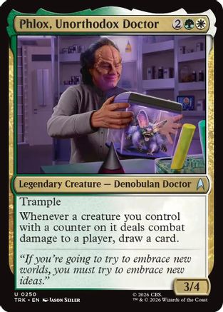 Magic: The Gathering Phlox Unorthodox Doctor MTG single card featuring a detailed illustration of a doctor character from the Star Trek series.