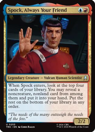 Magic: The Gathering Spock, Always Your Friend MTG single card from Star Trek series featuring Spock in a colorful illustration.