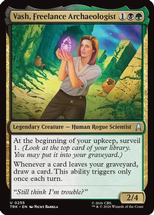Magic: The Gathering Vash, Freelance Archaeologist MTG card featuring a character with ancient artifacts and adventurous attire.