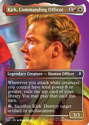 Magic: The Gathering Kirk Commanding Officer foil card from Star Trek, featuring a detailed illustration of the character in a commanding pose.