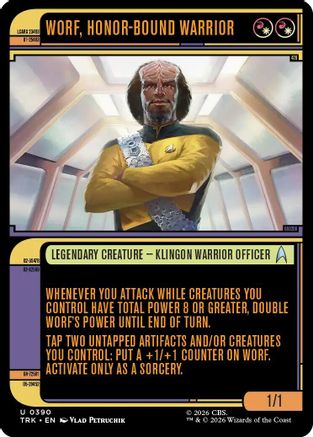 Magic: The Gathering Worf Honor-Bound Warrior foil card from the Showcases series, featuring a detailed illustration of the Star Trek character.