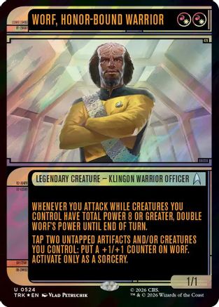 Magic: The Gathering Worf Honor-Bound Warrior Surge Foil MTG single card showing Worf in battle armor with a shiny foil finish.