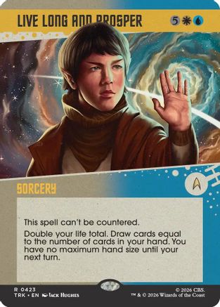 Magic: The Gathering Live Long and Prosper Showcase MTG single card featuring Vulcan salute and iconic Star Trek theme.