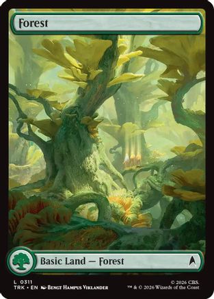 Magic: The Gathering Forest (0311) foil card from Star Trek, featuring lush green trees and vibrant artwork.