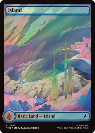 Magic: The Gathering Island (0483) Surge Foil MTG single card featuring a vibrant island landscape with foil finish.