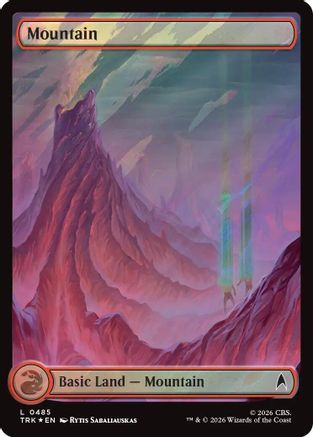 Magic: The Gathering Mountain foil card featuring a mountain landscape with vibrant colors and fantasy artwork.