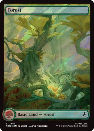 Magic: The Gathering Forest (0486) Surge Foil MTG single card featuring a lush, vibrant forest scene with detailed artwork.