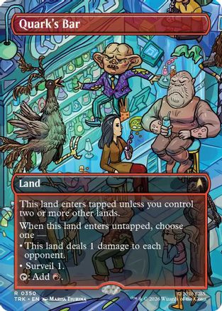 Magic: The Gathering Quark's Bar borderless MTG single card from the Star Trek set, featuring detailed artwork of Quark's bar.