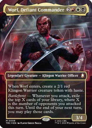 Worf, Defiant Commander (Borderless) (Surge Foil)  [Foil]  (TRC-008) - [Commander: Star Trek]