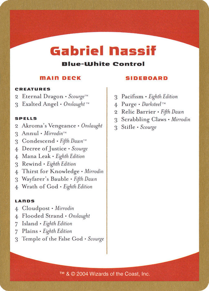 Gabriel Nassif Decklist [World Championship Decks 2004] - Trinity Hobby