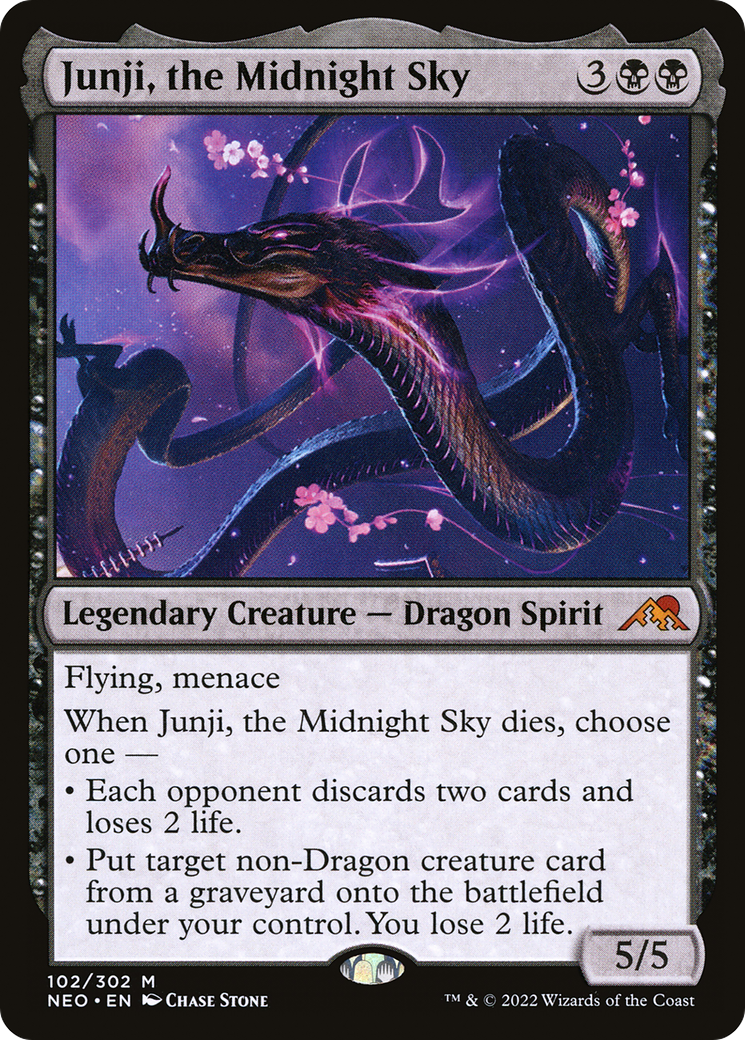 Magic: The Gathering Junji, the Midnight Sky MTG single card featuring a dark, cosmic-themed illustration of Junji in a neon-lit night sky.