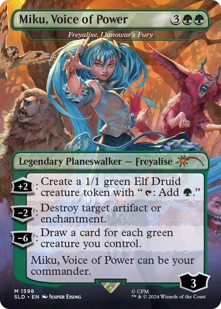 Freyalise, Llanowar's Fury (SLD-1598) - [Secret Lair Drop] / Miku, Voice of Power (Borderless) - Trinity Hobby