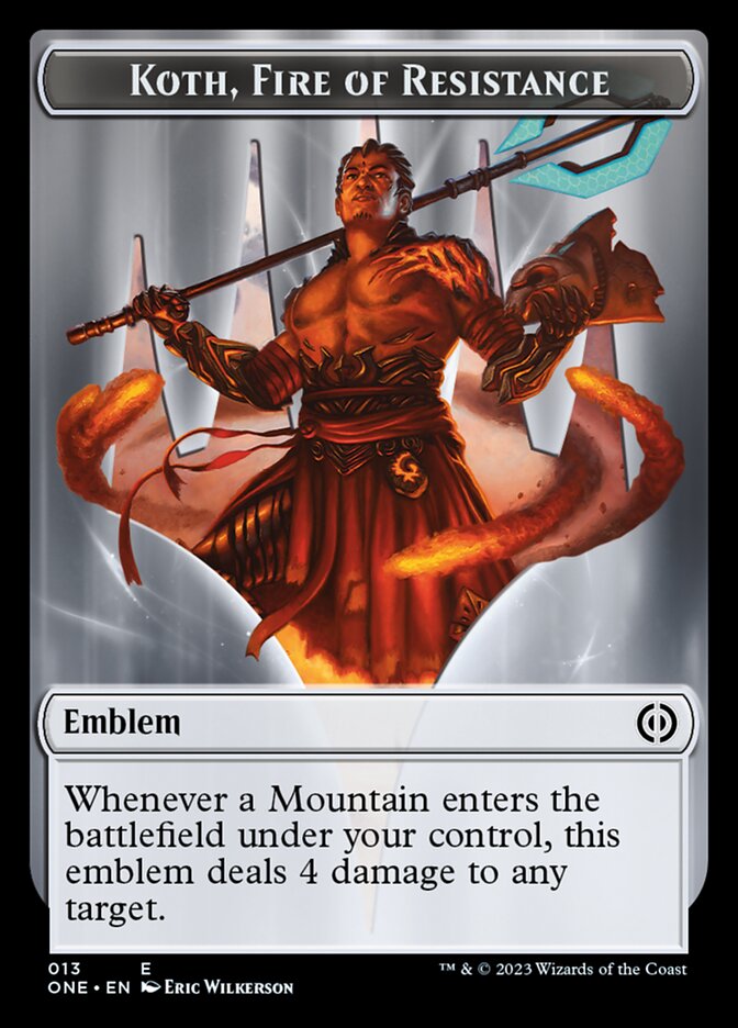 Rebel // Koth, Fire of Resistance Emblem Double-Sided Token [Phyrexia: All Will Be One Tokens] - Trinity Hobby