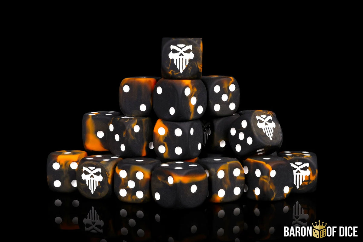 Baron of Dice Seething Lava round edge dice, 25-count pile in red and black marbled design