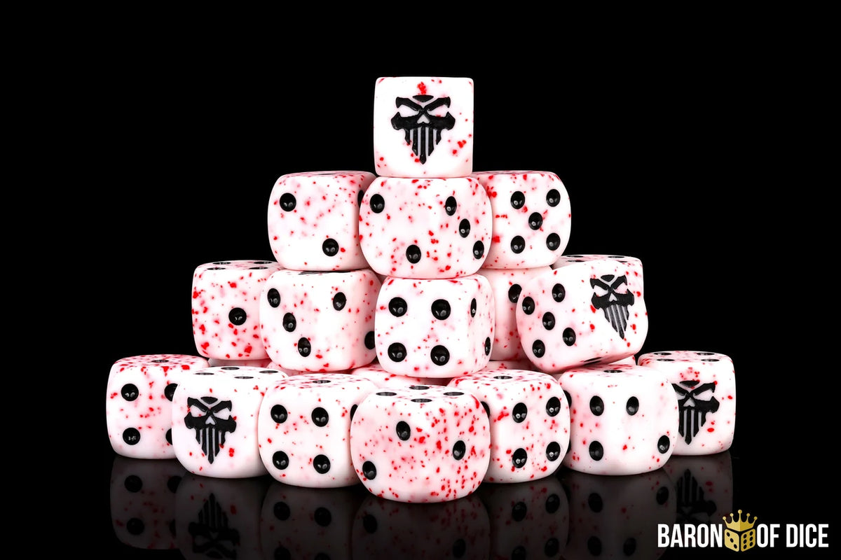 Baron of Dice Bloody Massacre round edge dice, 25-count set displayed in a large pile