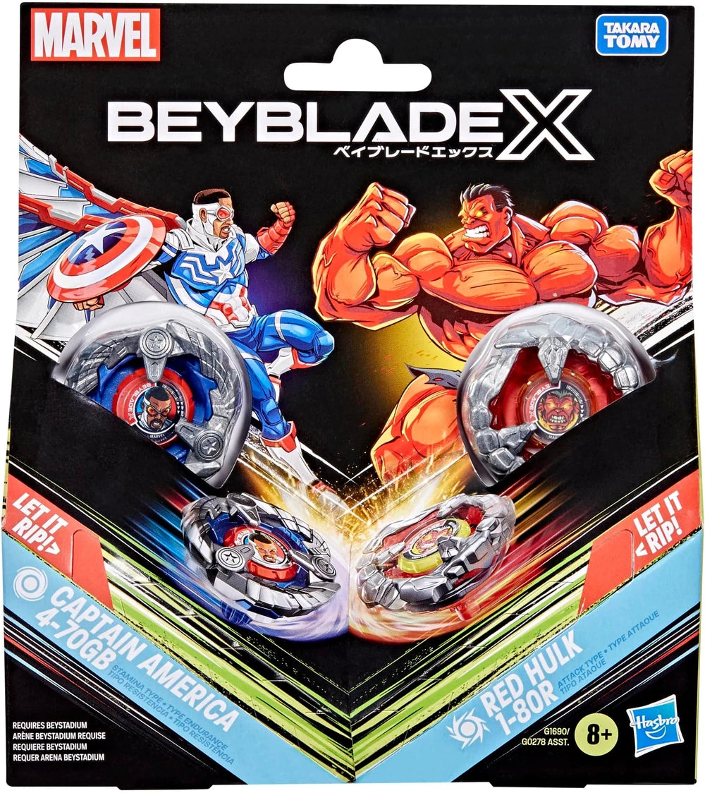 Hasbro Beyblade X Captain America and Red Hulk toy box with character-themed spinning tops