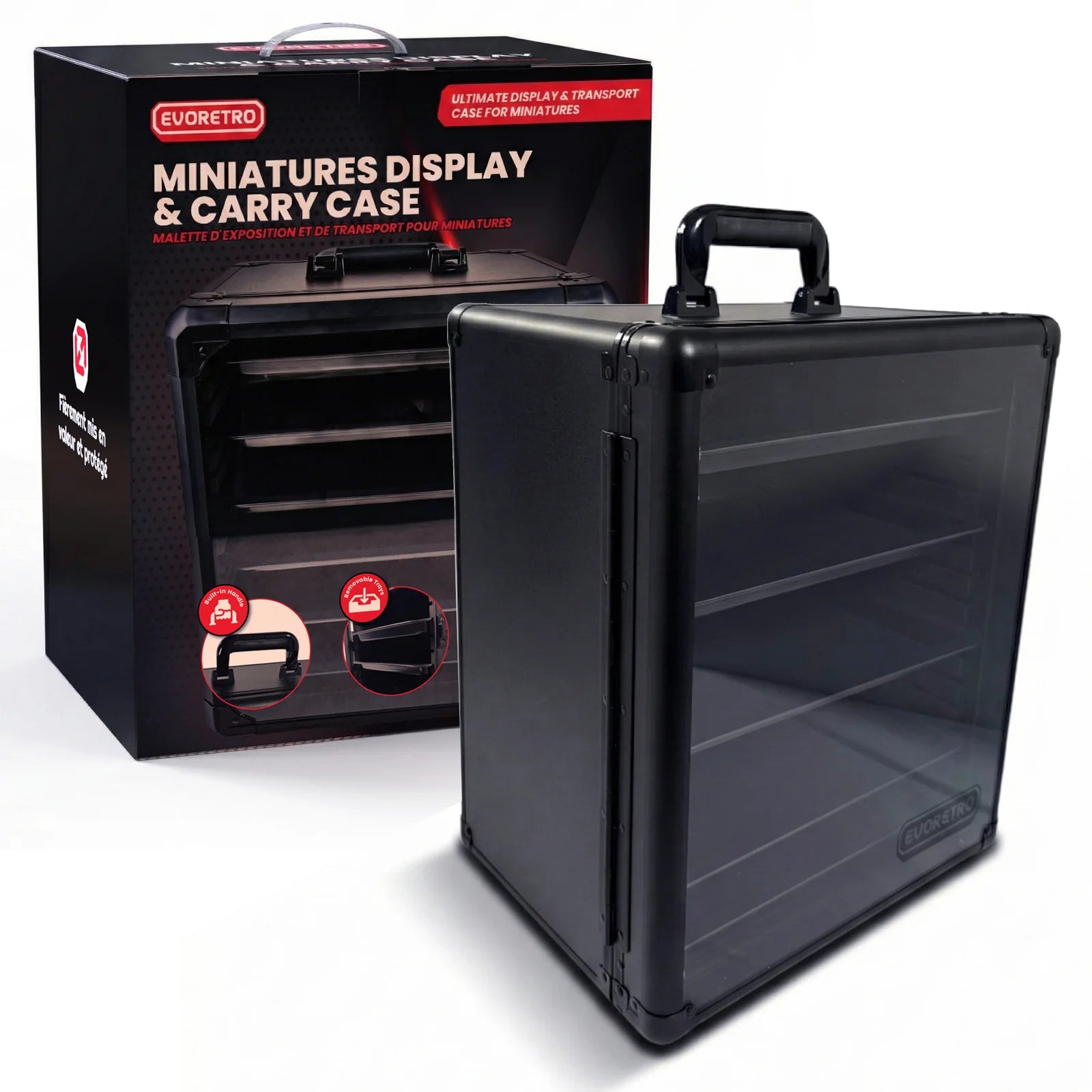 Evoretro Aluminum Miniatures Display & Carry Case w/ 5 Metal Trays for Collectible Figures and Models - Trinity Hobby