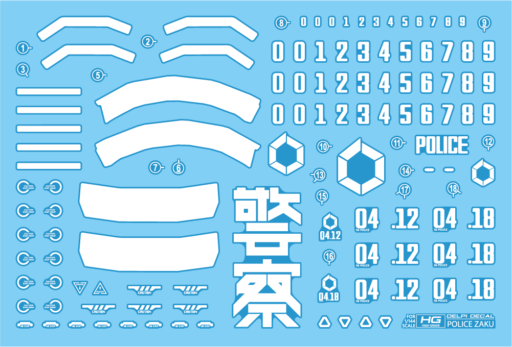 Delpi Decals 	HG POLICE ZAKU WATER DECAL - Trinity Hobby