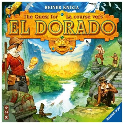 Ravensburger Quest for El Dorado board game showing colorful game box with adventure-themed artwork and game pieces.