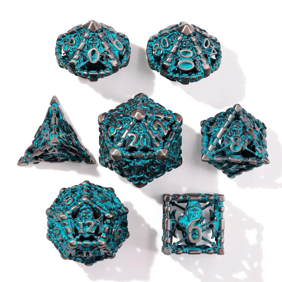 Baron of Dice - Grim Reaper Teal Glow RPG Metal RPG Dice Set - 7 Pieces