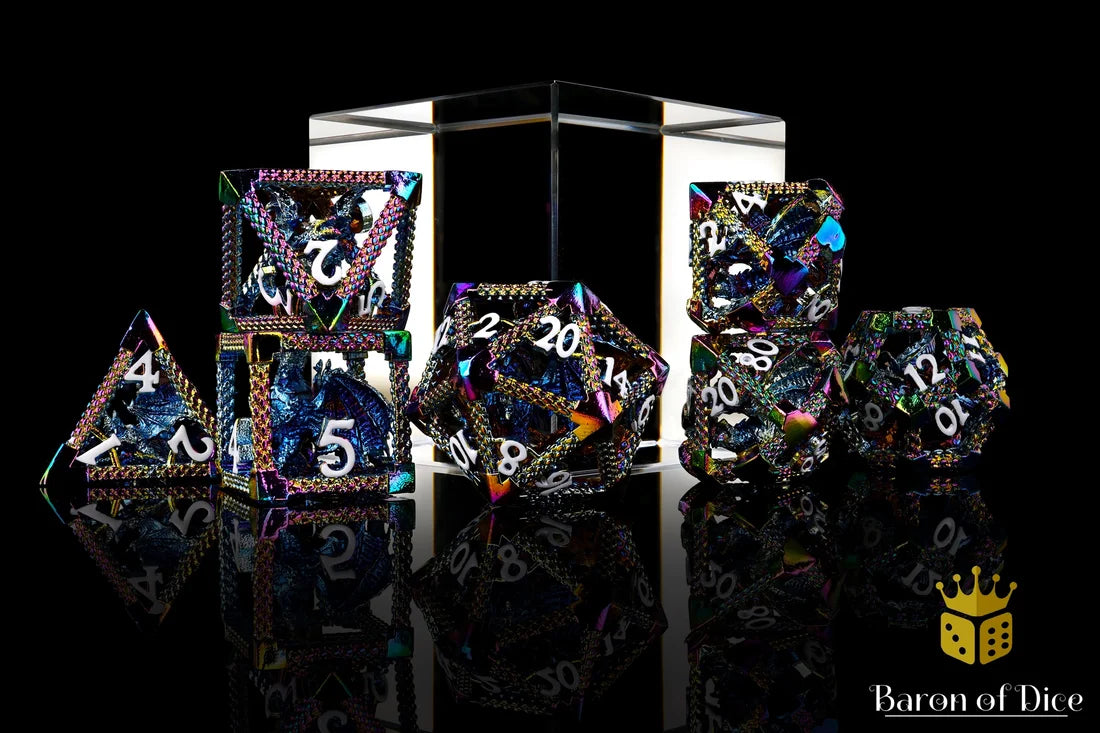 Baron of Dice - Miniature Rainbow Dragon RPG Metal RPG Dice Set - 7 Pieces