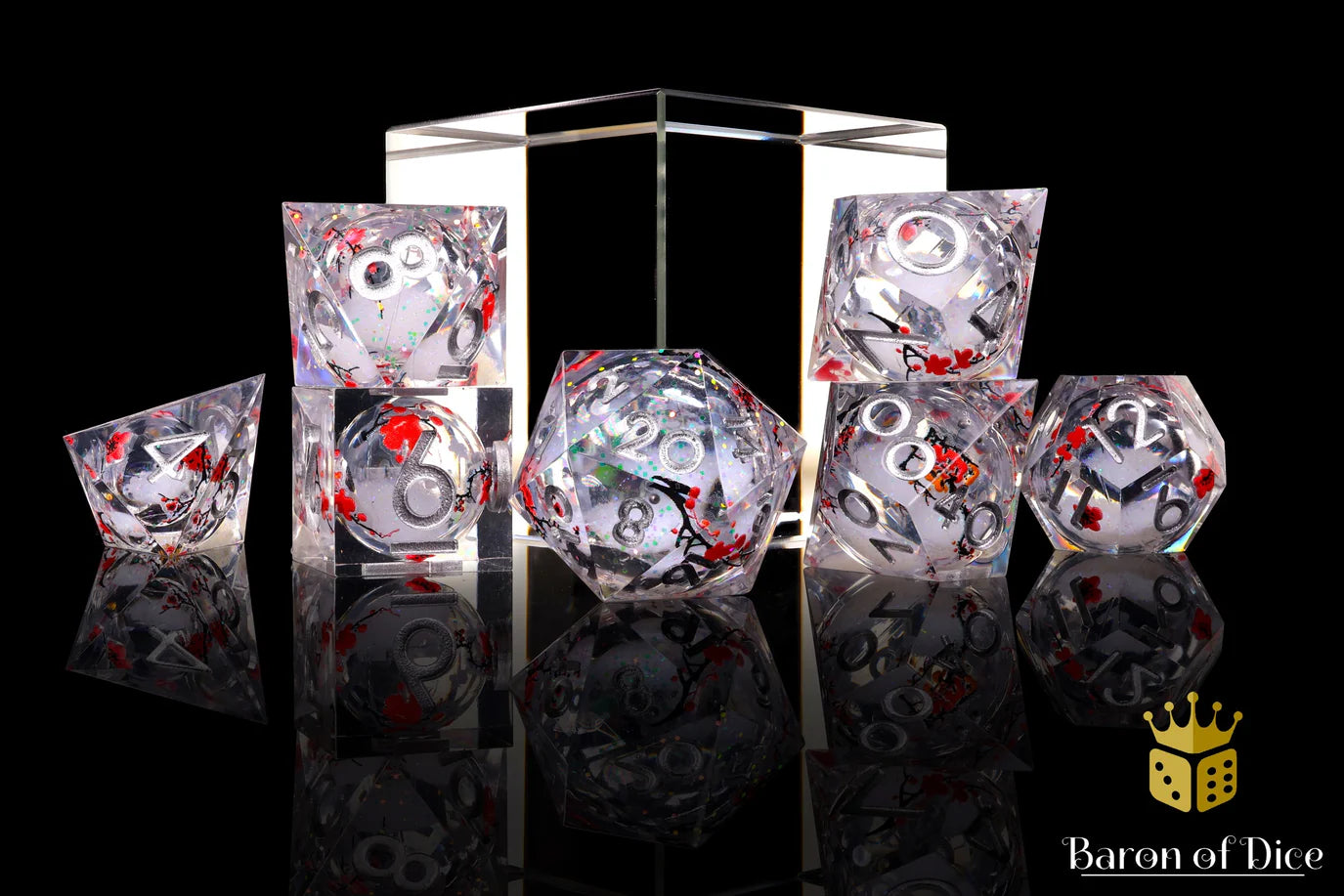 [Pre-Order] Baron of Dice - Winter Cherry Blossom Liquid Core RPG Dice Set - 7 Pieces - Trinity Hobby