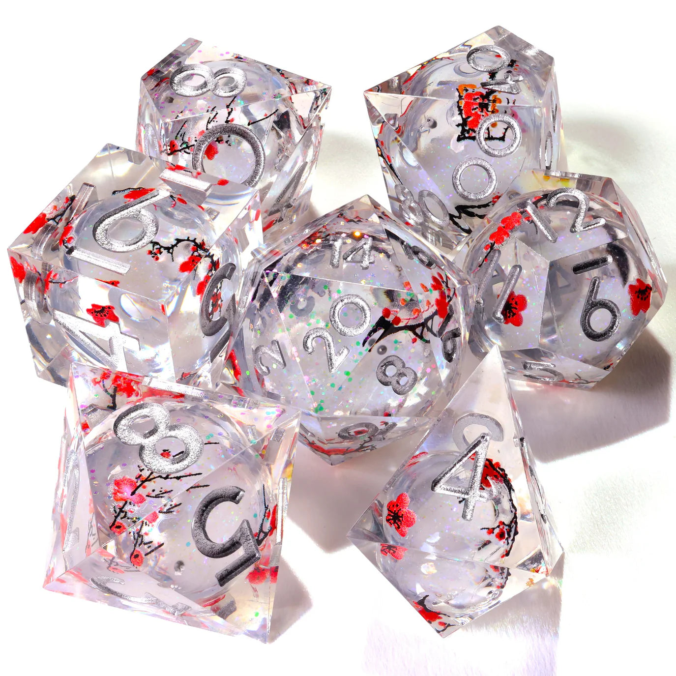 [Pre-Order] Baron of Dice - Winter Cherry Blossom Liquid Core RPG Dice Set - 7 Pieces - Trinity Hobby