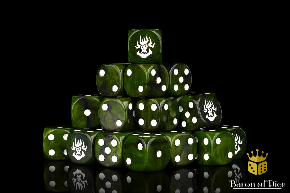 Baron of Dice Swamp Orcs round edge dice set, 25-count collection in earthy green tones
