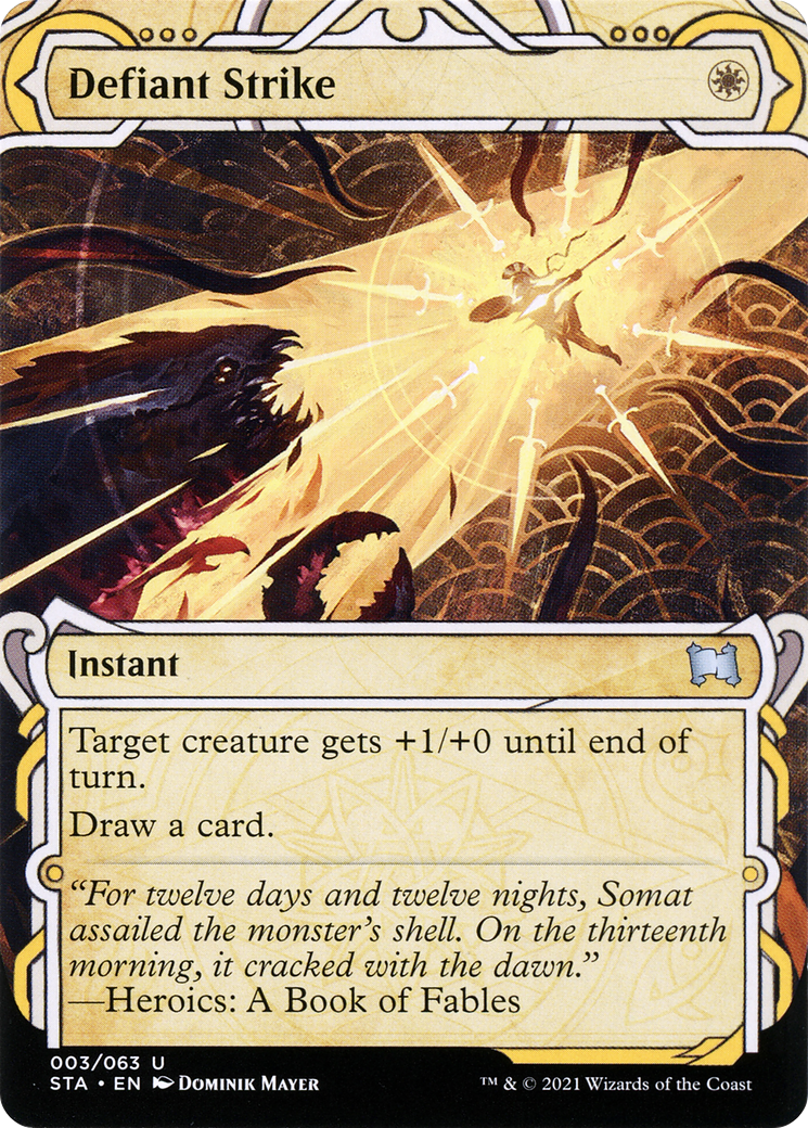 Defiant Strike [Etched Foil]  (STA-003) - [Strixhaven Mystical Archive]: (Showcase) (Borderless) - Trinity Hobby